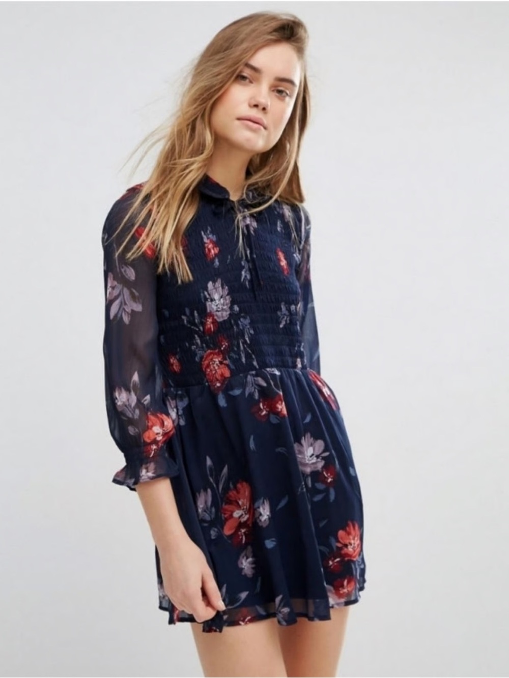 Abercrombie & Fitch Navy Floral Long-Sleeve Collared Dress